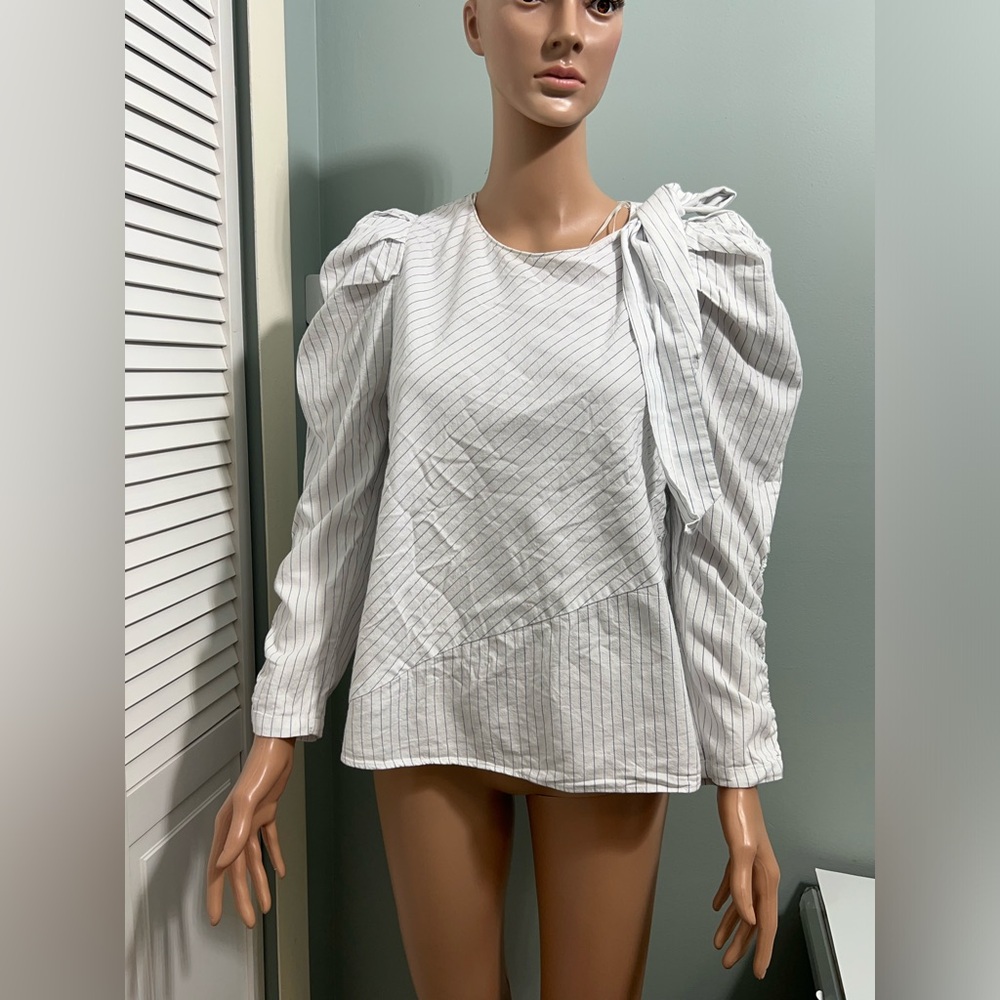 Zara Striped White Blue  Balloon Puff Long Sleeve Casual Top Blouse Size L - Picture 3 of 11